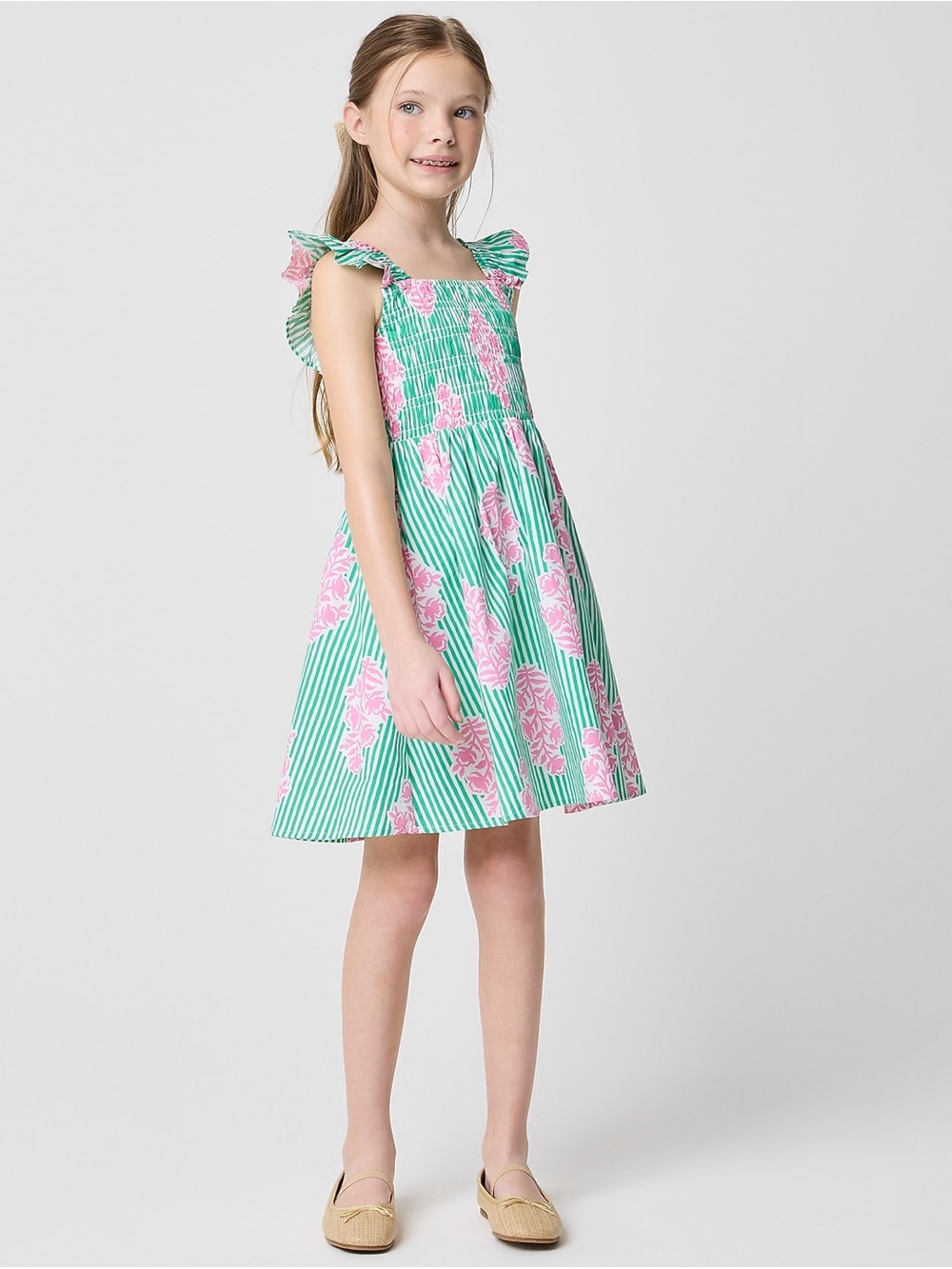 J.Crew Crewcuts Girls 16 Green Pink Striped Smocked Dress CU091 NWT